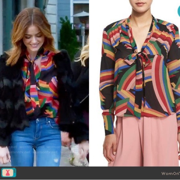 Alice + Olivia Aisha Silk Tie Neck Blouse in Mod Stripe Multi - Picture 4 of 8